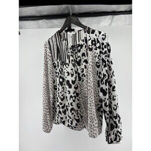 Cabi Med Blouse Womens Black/White Animal Print Tie Neck Boho Top